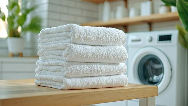 Stack of freshly laundered white folded towels on wooden countertop in bright modern laundry room with washing machines and green plants