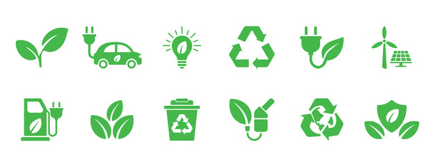 Green energy icon set. Renewable eco power logo vector set. Green natural electricity. Leaf nature energy. set of green leaves with concept. vector illustration . 