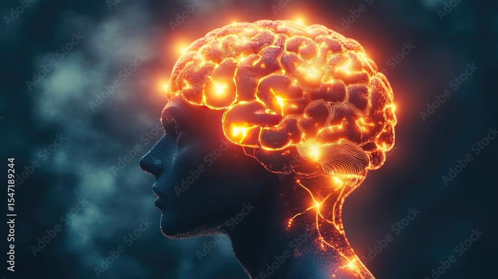 Poster low dopamine with brain and cognitive imbalance concept. abstract representation of a glowing brain,