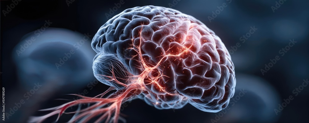 Poster low dopamine with brain and cognitive imbalance concept. illustration of a human brain with glowing 