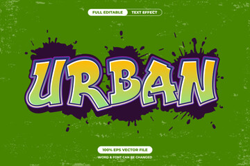 Graffiti-style “URBAN” text with gradient green-yellow fill, purple splash background, and bold outline. Editable vector perfect for street wear, hip hop, or youth lifestyle branding