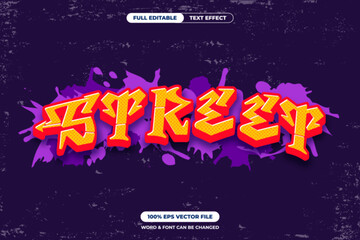 Bold graffiti street art text with a retro comic style, red-yellow color combo, halftone texture, and purple paint splashes. Editable vector perfect for posters and urban design