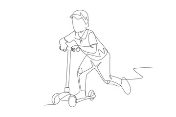 Boy playing scooter. Children outdoor play concept one-line drawing