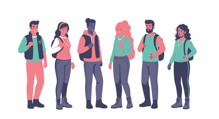 Fototapeta premium Diverse group of hikers ready for adventure, standing together in casual outdoor attire.
