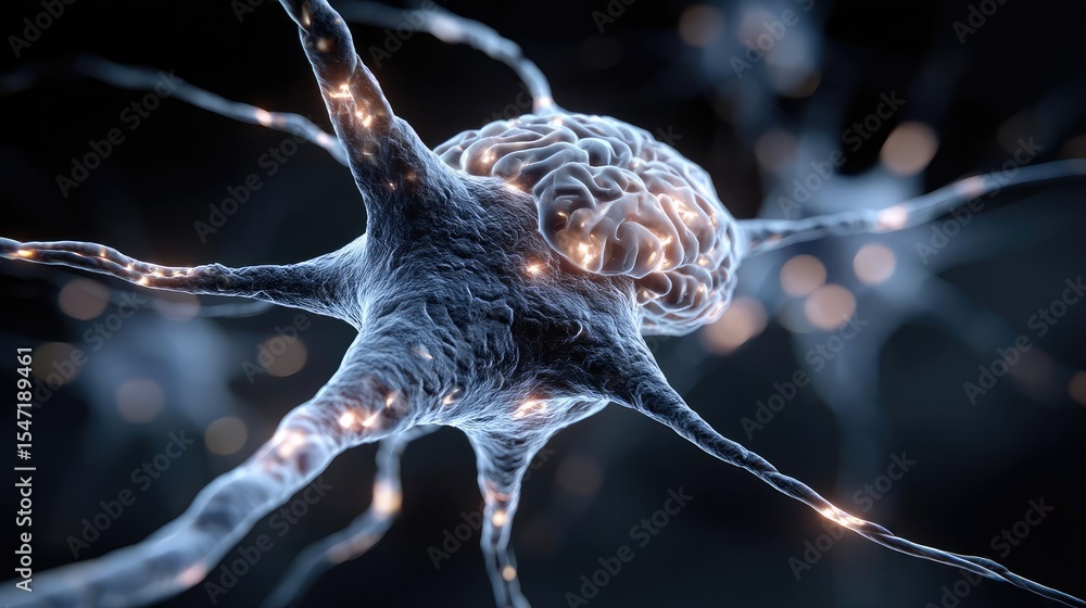 Poster low brain activity from dopamine disorder and imbalance concept. intricate neuron structure glowing 