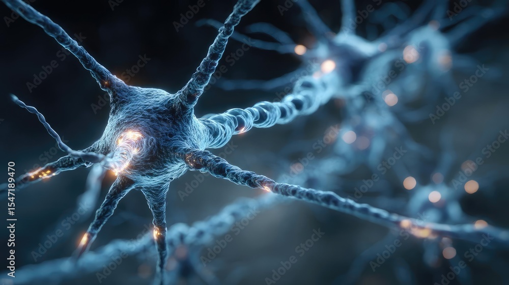 Poster low brain activity from dopamine disorder and imbalance concept. a close-up view of neurons highligh