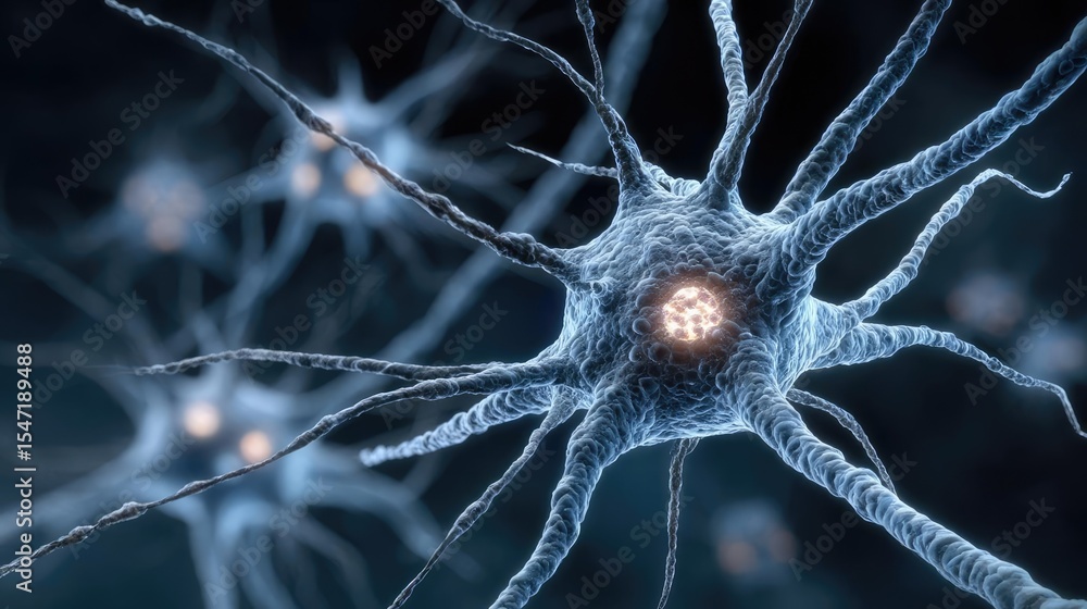 Poster low brain activity from dopamine disorder and imbalance concept. close-up view of neurons showcasing