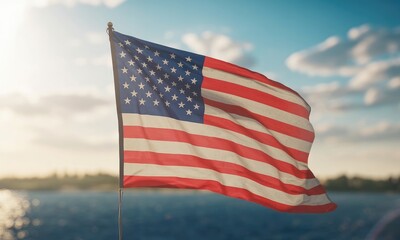 American flag waving in wind bright sunny day patriotic symbol