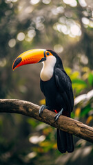 Fototapeta premium Toucan, unique bird species known for its large beak, is tree-dweller found in lush jungles of South America, Amazon.