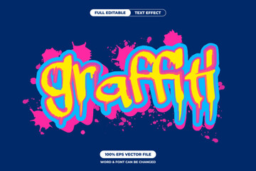 Colorful graffiti text effect with bold yellow letters, neon outlines, and paint splashes. Editable vector for urban street art design and modern youth themes