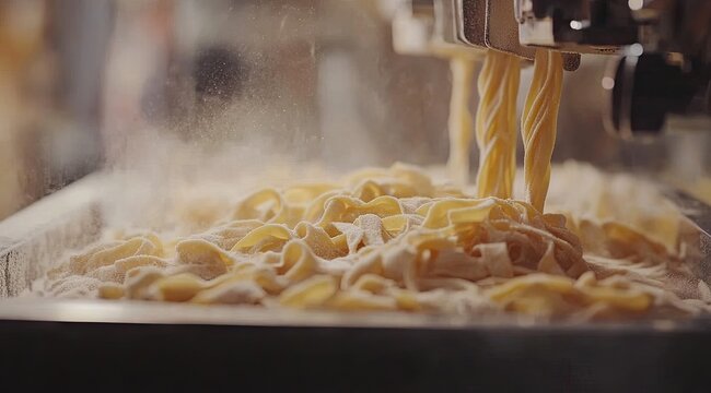 Fresh pasta being extruded from machine