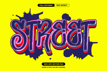 Energetic graffiti STREET text with bold purple brush strokes, pink highlights, red shadow, and yellow background. Editable EPS vector for modern urban, hip hop, or pop art design