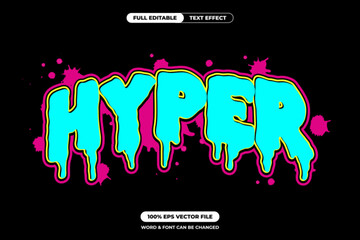 Bold graffiti text hyper with neon blue dripping style, hot pink splash background, and dark edgy outline. Editable EPS vector for energetic urban, youth, or cyber themed design