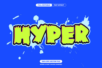 Graffiti style HYPER text with bright lime green fill, bold black outline, and blue splash background. Editable EPS vector perfect for youth design, street art, or energetic branding