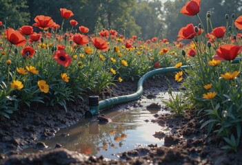 Garden hose left running in a muddy flowerbed, creating a serene water feature