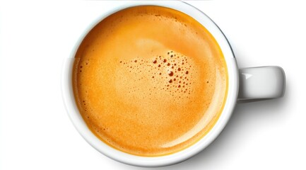 Overhead view of a single cup of espresso.  Aromatic, rich, golden-tan coffee in a white mug, frothy crema on top