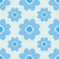Repeating floral pattern with stylized blue flowers on a light blue background