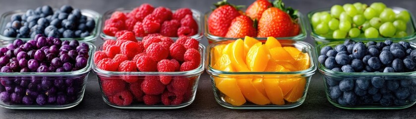 Sugar detox plan with less and diet adjustment concept. Colorful assortment of fresh berries and fruit in glass bowls.
