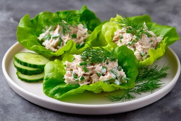 Ketogenic diet tuna salad with butter lettuce, cucumber and dill enjoying healthy meal