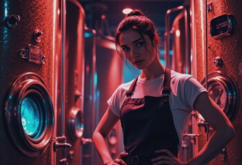 Brewer in apron standing confidently by large copper brewing tanks