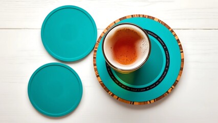 Amber Beer in Glass on Distinctive Teal Coaster - Modern Wooden Tabletop Beverage Mockup - Overhead View