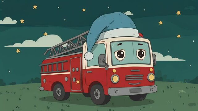 Cartoon fire truck illustration with sleeping cap