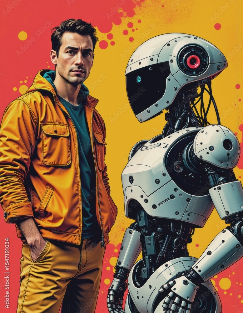 Poster robotic technician standing beside an advanced assembly robot in a vibrant setting