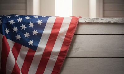 American flag draped on wood surface patriotic symbol soft lighting