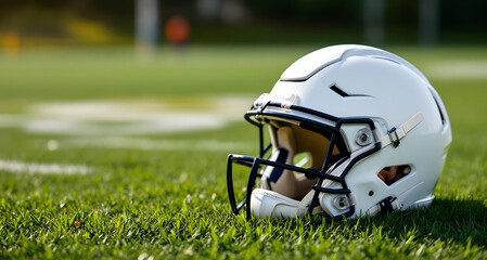 American football helmet resting on the grass of a vibrant green field
