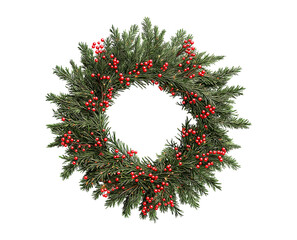 A Christmas wreath adorned with red berries and pine cones isolated on a transparent background
