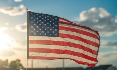 American flag waving in sunlight patriotic symbol of freedom and independence