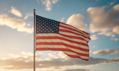 Obraz premium American flag waving outdoors under partly cloudy sky