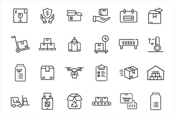 Product and Packaging Logistics Icon Set  Vector Icons of Shipping, Boxes, Delivery Services, and Warehousing on White Background