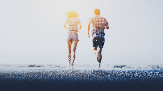 Seaside Dash: A couple in summer attire sprints towards the sea during a sun-kissed day, embracing the joy of togetherness and adventure.