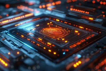 Obraz premium Futuristic Biometric Fingerprint Scan with Glowing Elements on High-Tech Circuit Board Background