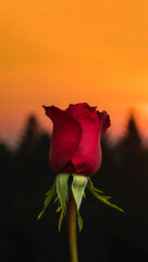 Single red rosebud at sunset, dark background, romantic mood, close-up view