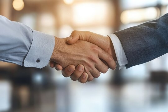 Young businessman celebrating a promotion, boss shaking hands with employee to acknowledge the achievement and new position., Generative AI