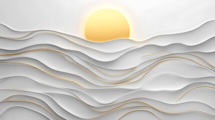 Obraz premium Elegant white waves with golden accents and glowing sun abstract minimalist background wallpaper design