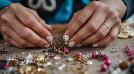 Jeweler working on a handmade earring with various beads and gemstones