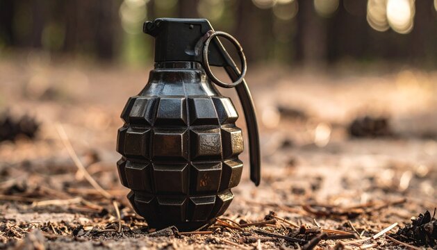 Close up photo of grenade on the ground with blurry background