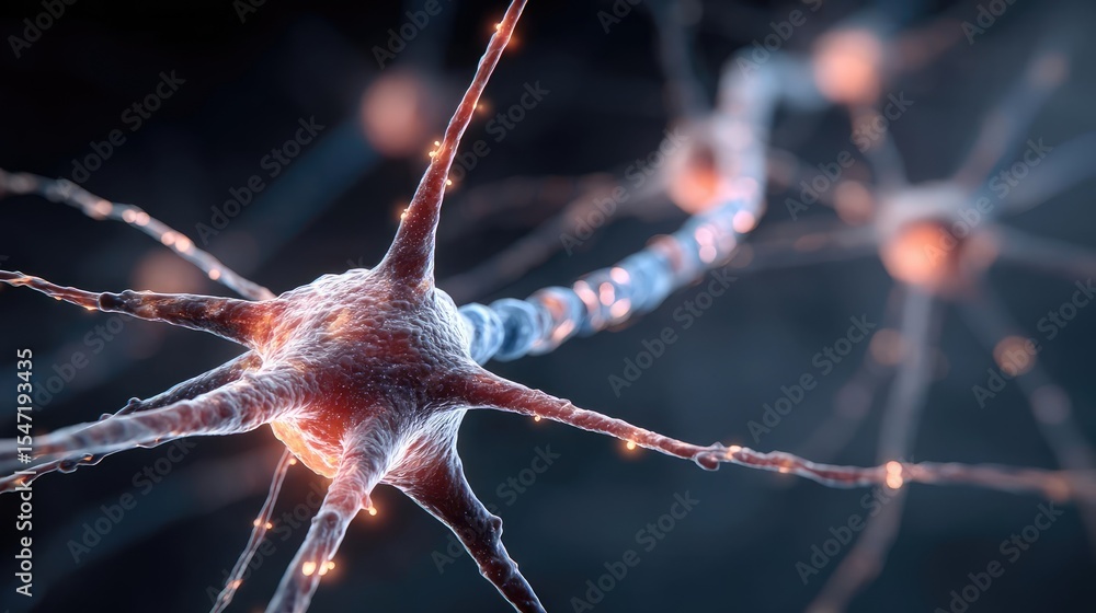 Poster low brain activity from dopamine disorder and imbalance concept. close-up of a neuron showcasing int