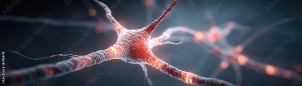 Poster low dopamine with brain and cognitive imbalance concept. detailed close-up view of a neuron with glo