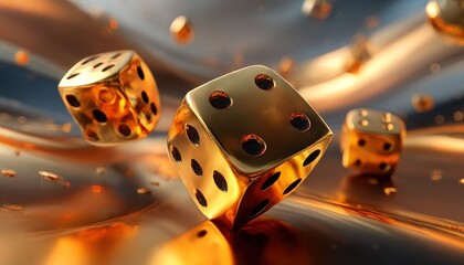 Golden dice swirling in liquid