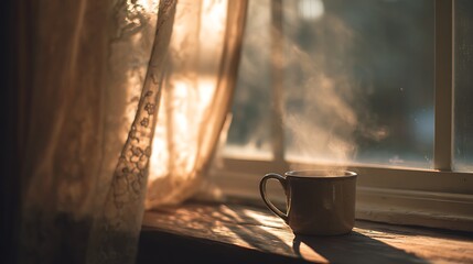 Warm Morning Light Shines Through a Window with a Steaming Cup of Coffee on a Rustic Windowsill