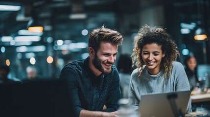 Collaborative young professionals engaged in creative brainstorming in a modern office setting at night