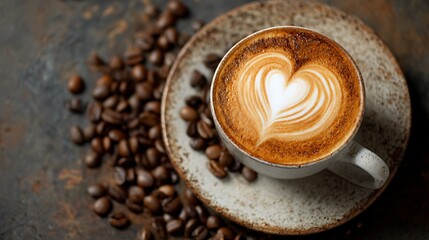 Coffee Cup with Heart Latte Art on a Rustic Plate Surrounded by Coffee Beans