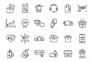 E-commerce and Shopping Icon Set  Vector Line Icons of Cart, Checkout, Delivery, Discount, and Online Purchase on White Background