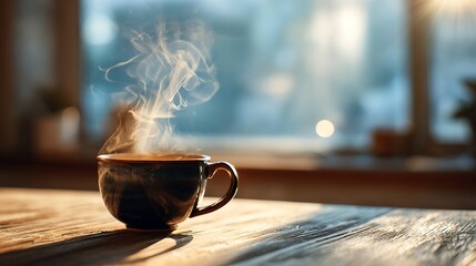 Cozy Morning Coffee in a Warm Atmosphere with Steaming Mug on Wooden Table Near Bright Window Light