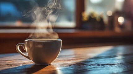 Cozy Morning Scene with Steaming Coffee Cup on Wooden Table Illuminated by Soft Natural Light