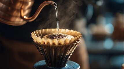 Delicate Pouring of Hot Water Over Coffee Grounds in Filter Cone with Steam Rising in Natural Lighting Setting